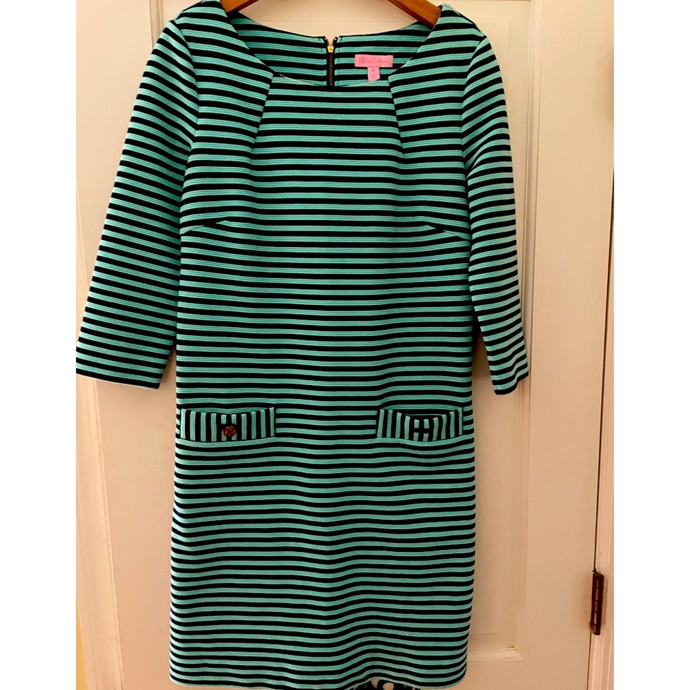 Lilly Pulitzer Green teal & Dark Blue Striped Knee Length Dress Sz M stretch